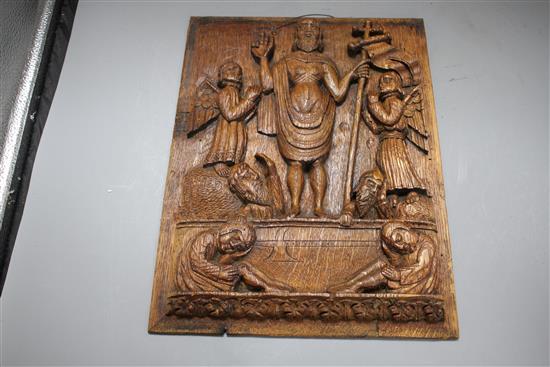 A set of four 19th century Continental relief carved oak religious plaques, depicting biblical scenes, 38 x 29cm